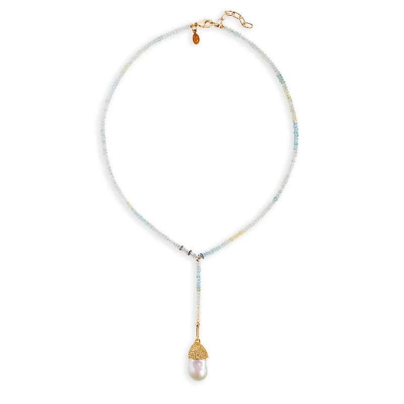 Ice Ombre Aquamarine Gold and Diamond Baroque Pearl Drop Necklace