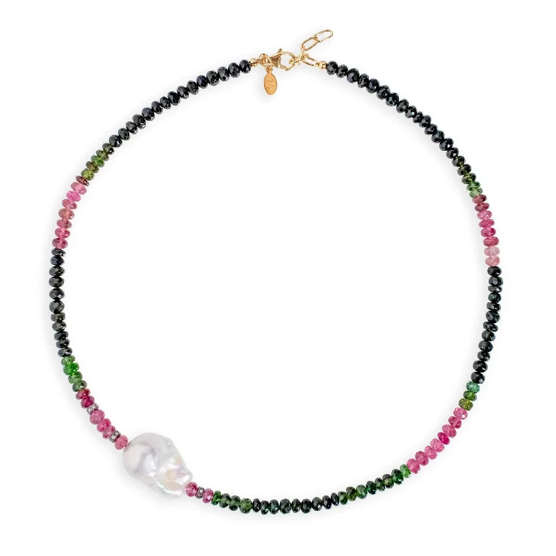 Watermelon Tourmaline Diamond Baroque Pearl Necklace