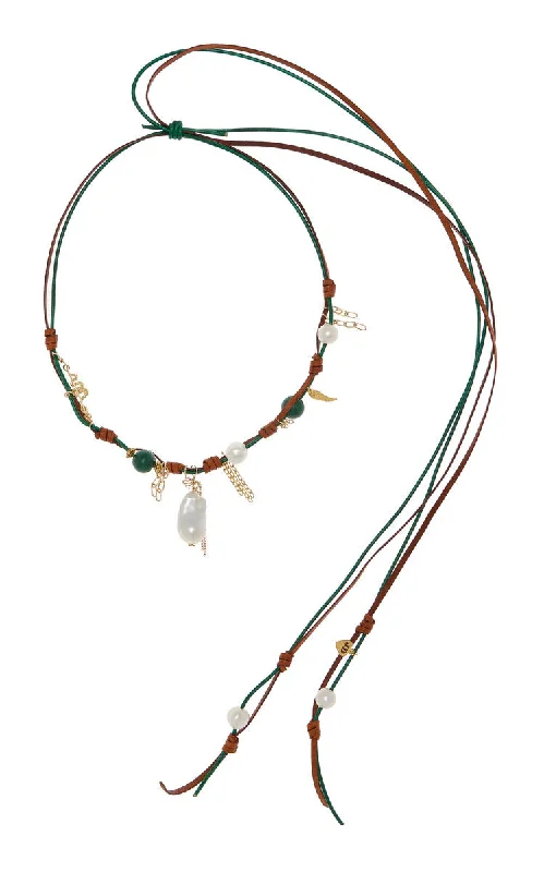 Knotted Leather 18K Yellow Gold Pearl, Malachite Necklace