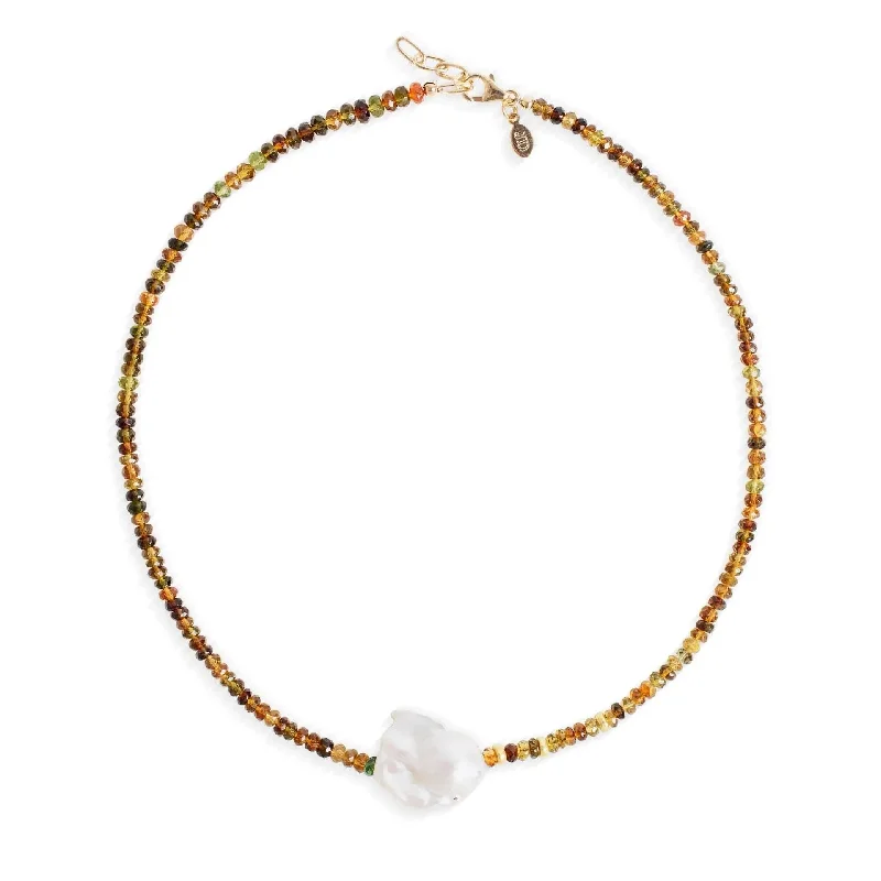 Rainbow Chocolate Tourmaline Gold Baroque Pearl Necklace