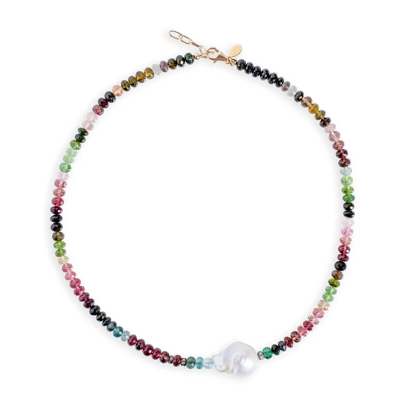 Water Color Tourmaline Diamond Baroque Pearl Necklace