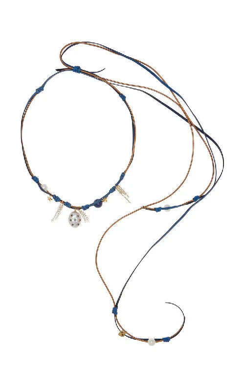 Sparkling Blue Sky Knotted Leather 18K Yellow Gold Pearl, Sapphire, and Lapis Necklace