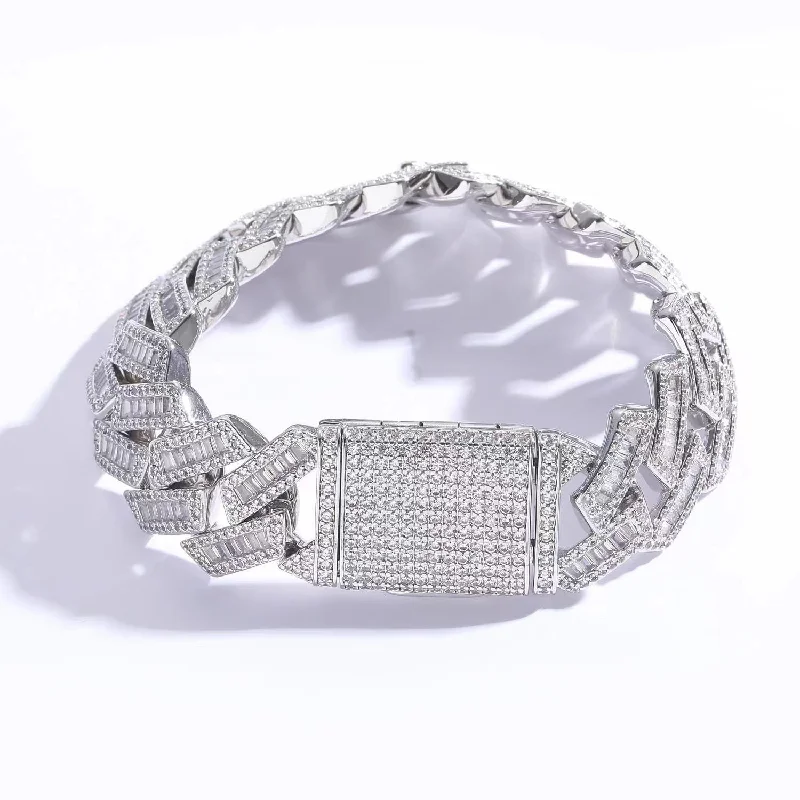 20mm Baguette Cut Moissanite Diamond Prong Cuban Link Bracelet in White Gold