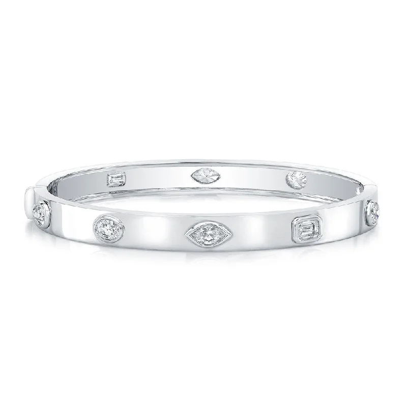 Fancy Shape Diamonds in 18k White Gold Hinged Bangle