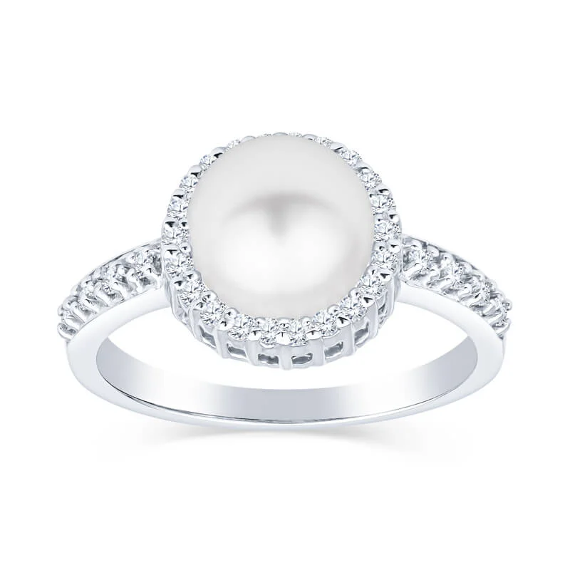 Cultured Pearl and Diamond Halo Ring Large