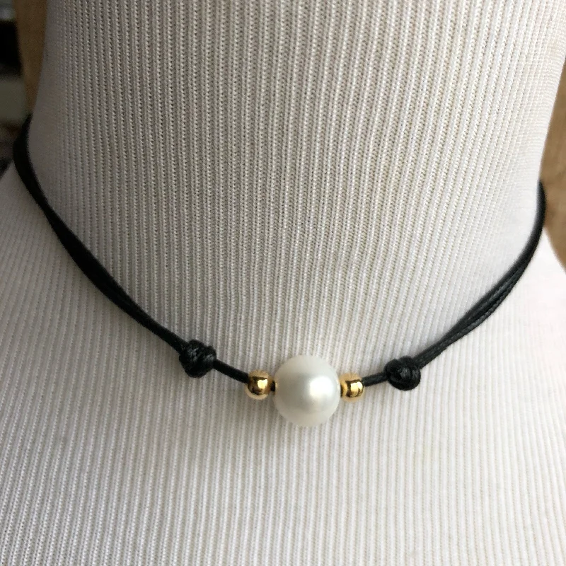 Pearl Choker Necklace, Black Choker, Waxed Cord Pearl Choker, Gold filled beads, Black Necklace Waterproof WN001045