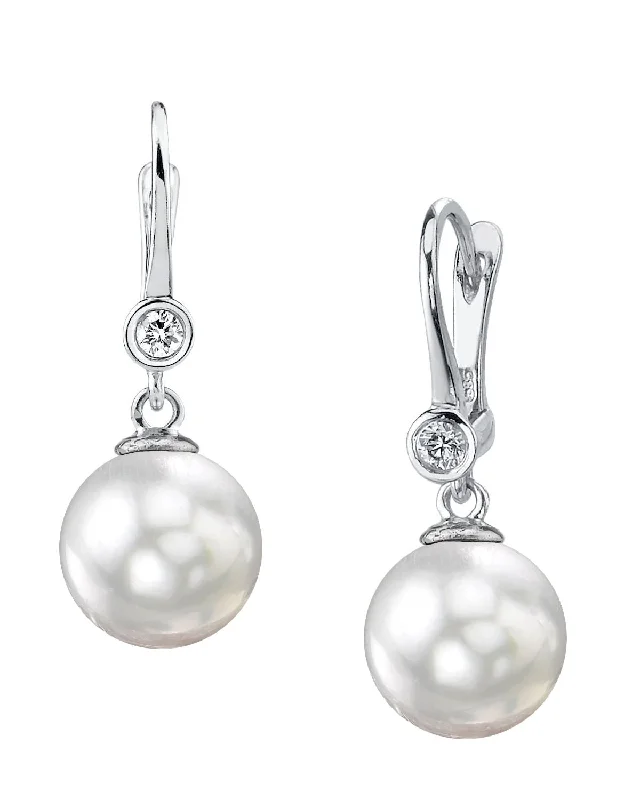 White South Sea Pearl & Diamond Bezel Dangle Earrings