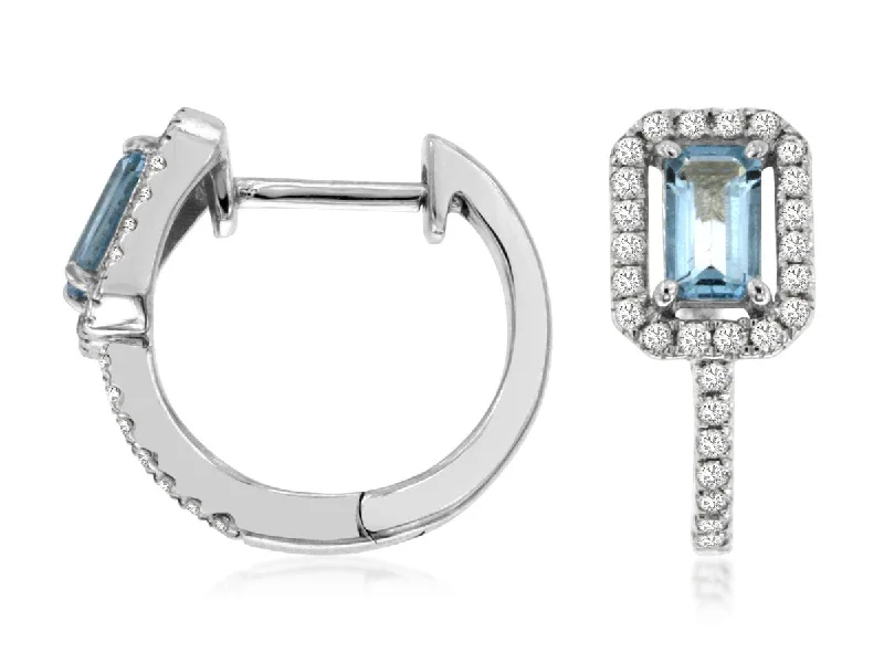 Emerald Shape Aquamarine and Diamond Halo Huggie Earrings