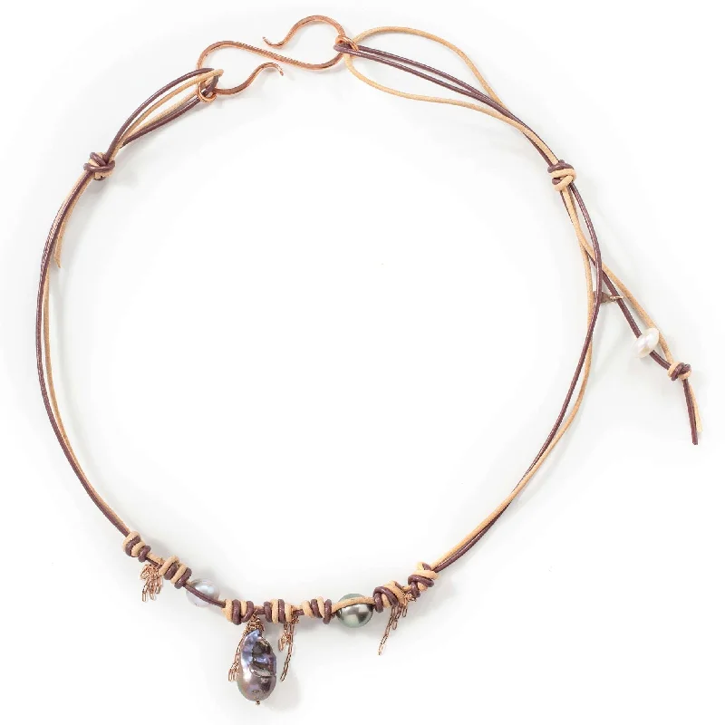 Desert Sand Rockstar South Sea Pearl and Rose Gold Chain Leather Necklace