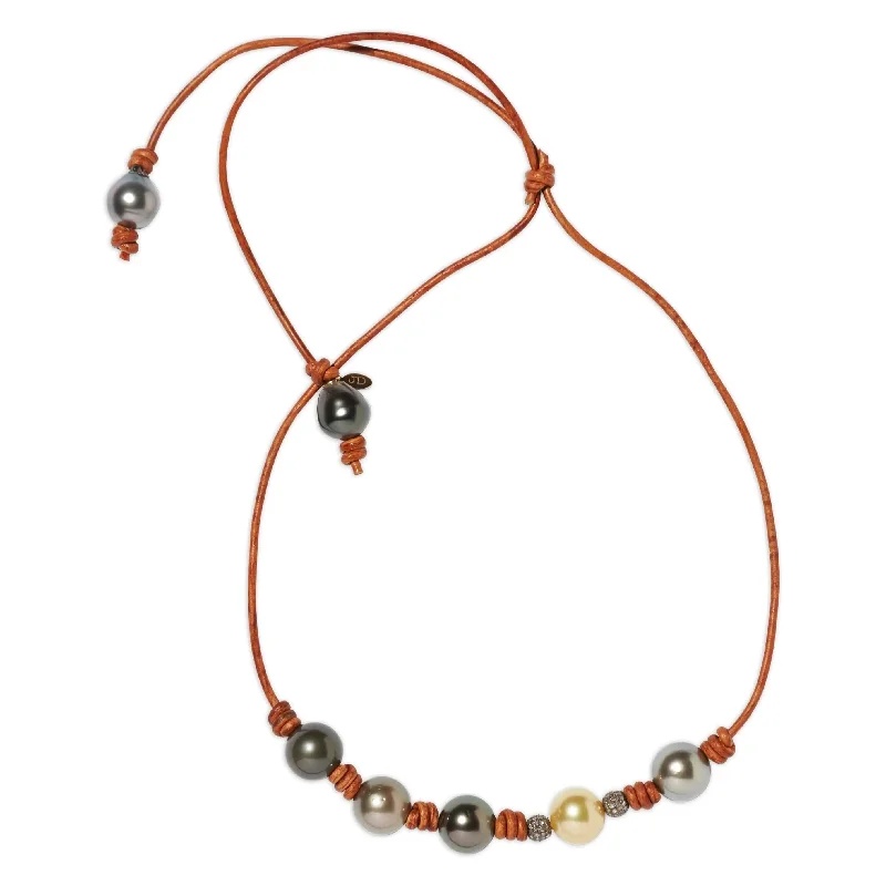 South Sea Tahitian Pearl Ombré Leather and Diamond Necklace