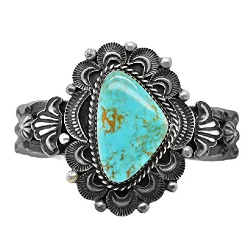 Genuine Cerillos Turquoise Cuff Bracelet, Sterling Silver, Authentic Navajo Native American USA Handmade, Artist Signed, One of a Kind, Size Women's Large