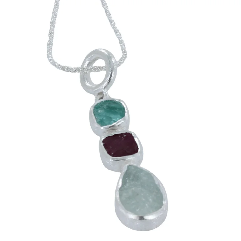 Trio Rough Stone Pendant Necklace in Sterling Silver