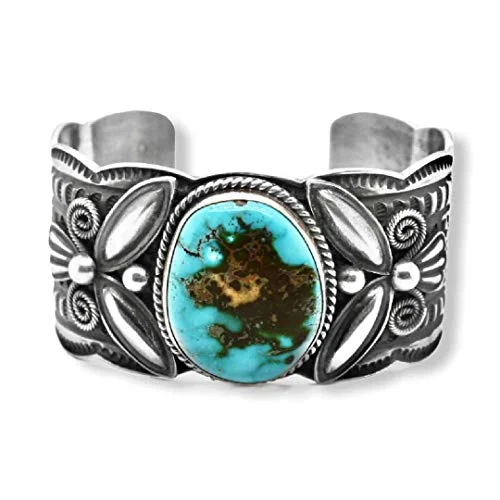 Genuine Royston Turquoise Cuff Bracelet, Sterling Silver, Authentic Navajo Native American USA Handmade, Artist Signed, One of a Kind, Size Women's Small