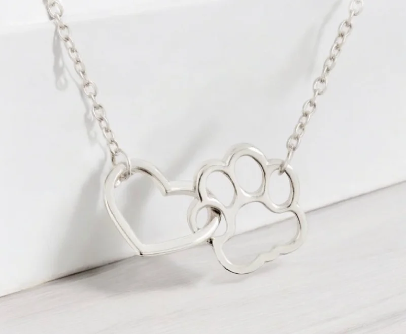 Linked Heart and Paw Dog Pendant Necklace