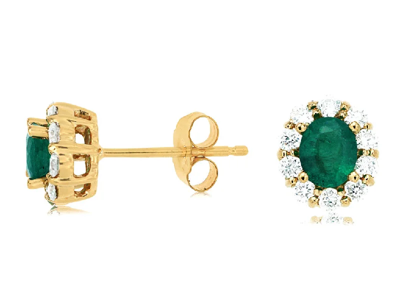 Oval Emerald and Diamond Halo Stud Earrings