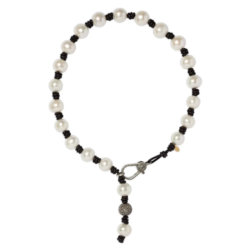 Knotted Leather and Pearl Necklace With Diamond Clasp and Drop