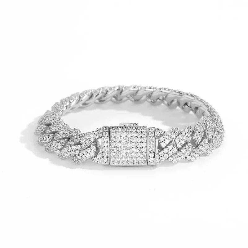 S925 Moissanite Diamond Prong Cuban Link Bracelet in White Gold - 12mm