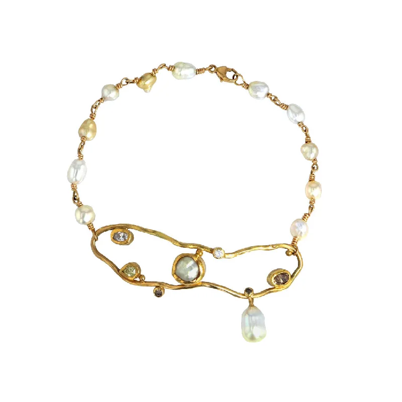 Cloud Keshi 18K & 22K Gold Bracelet w. Diamonds & Pearls