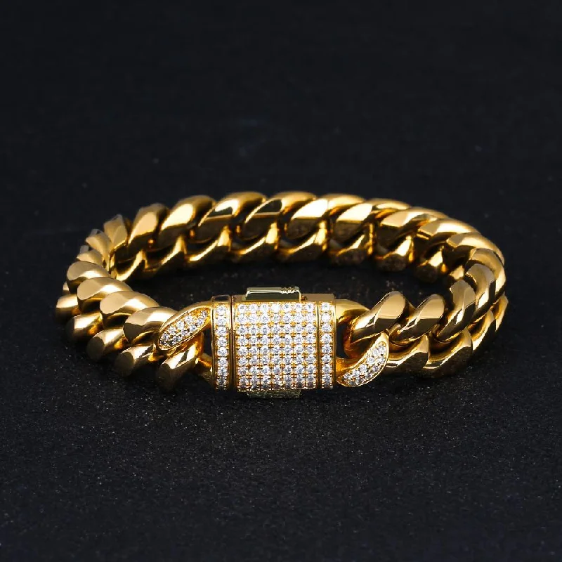 THE GOLDEN NUGGET® - 12mm Iced Out Mens Miami Cuban Link Bracelet in 18K Gold