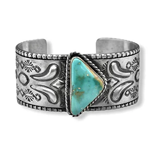 Genuine Cerillos Turquoise Cuff Bracelet, Sterling Silver, Authentic Navajo Native American USA Handmade, Artist Signed, One of a Kind, Size Women's Large