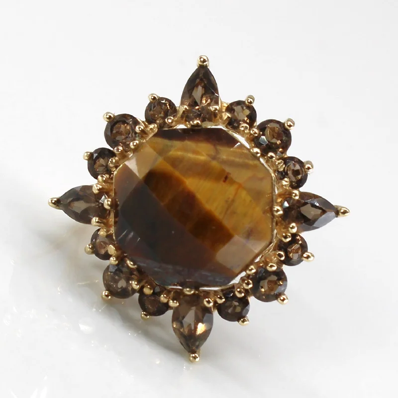 Tigers Eye & Smokey Quartz Cocktail Ring | 7.50ct | 1.00ctw | SZ 5.5 |