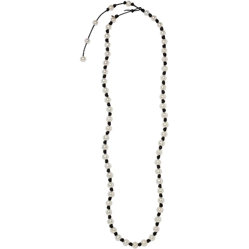 Long Knotted 12-14MM Pearl and Leather Necklace w/ Tail