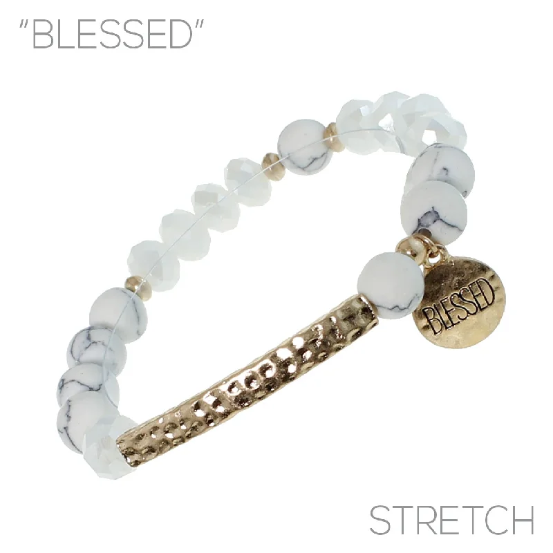 "BLESSED" Natural Stone Bracelet with Charm