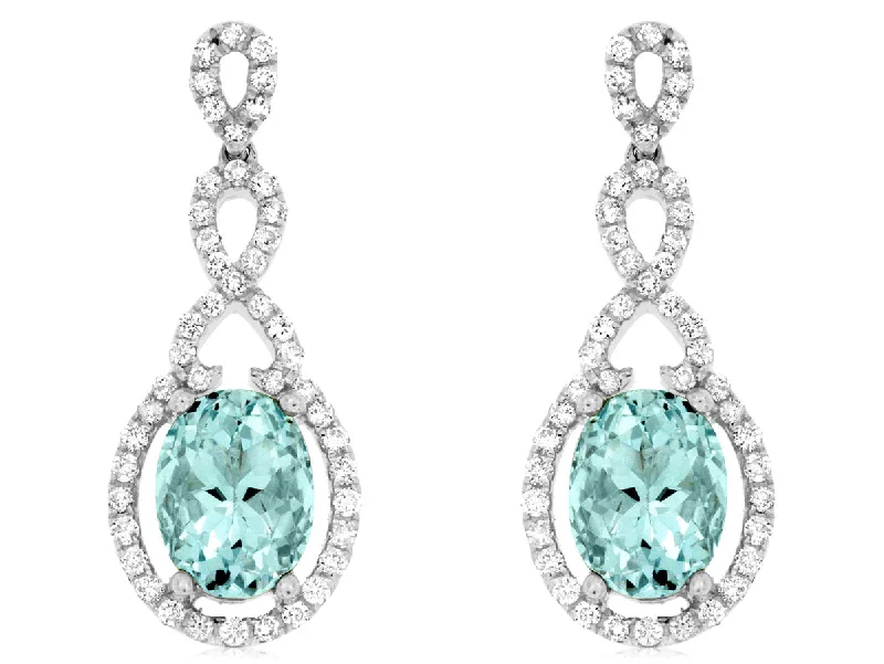 Oval Aquamarine and Swirl Diamond Halo Dangle Earrings