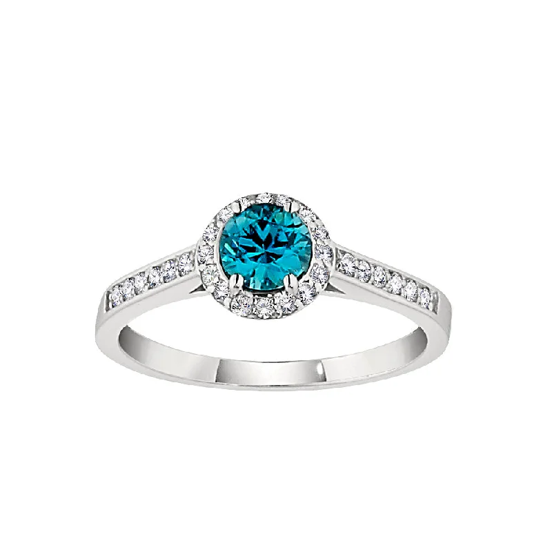 Halo Diamond and Blue Zircon Ring