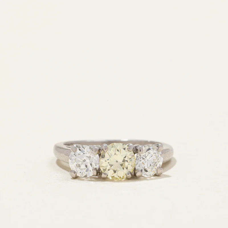 Art Deco Platinum Three Stone Old European Cut Diamond Ring with Fancy Yellow Center  | 1.67ctw | SZ 6.25 |