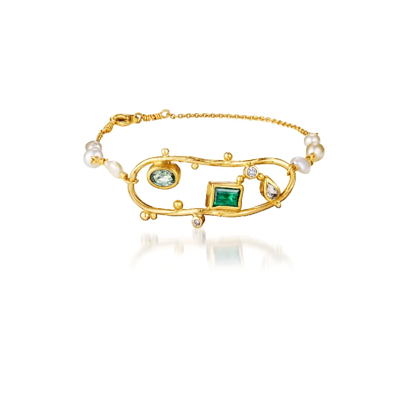 Cloud 18K Gold Bracelet w. Diamonds, Pearls, Emeralds & Sapphires