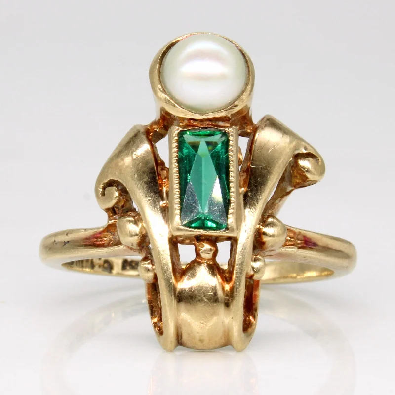 Vintage Pearl & Green Glass Cocktail Ring | 0.20ct | SZ 5.5 |