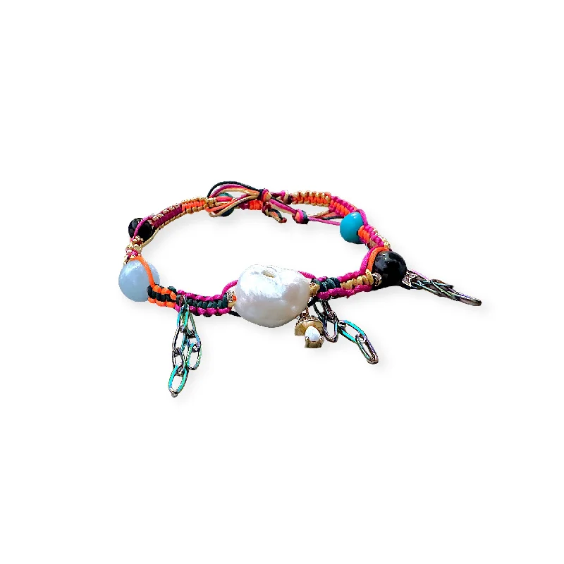 SANTORINI PSYCHEDELIC SUNSET SKY BAROQUE PEARL LUCKY CHARM SILK ROCKER CHOKER