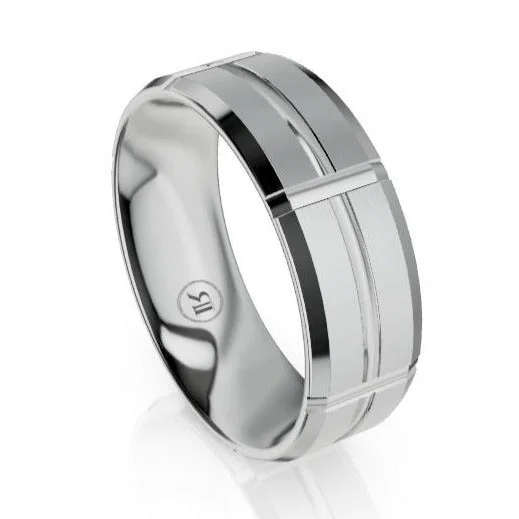 Bevelled Edges Cross Groove Pattern Platinum Wedding Ring (IN1303)