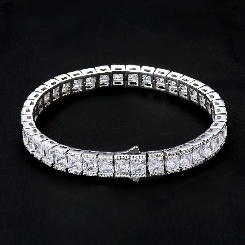 8mm Princess Cut CZ Diamond Mens Tennis Bracelet in White Gold