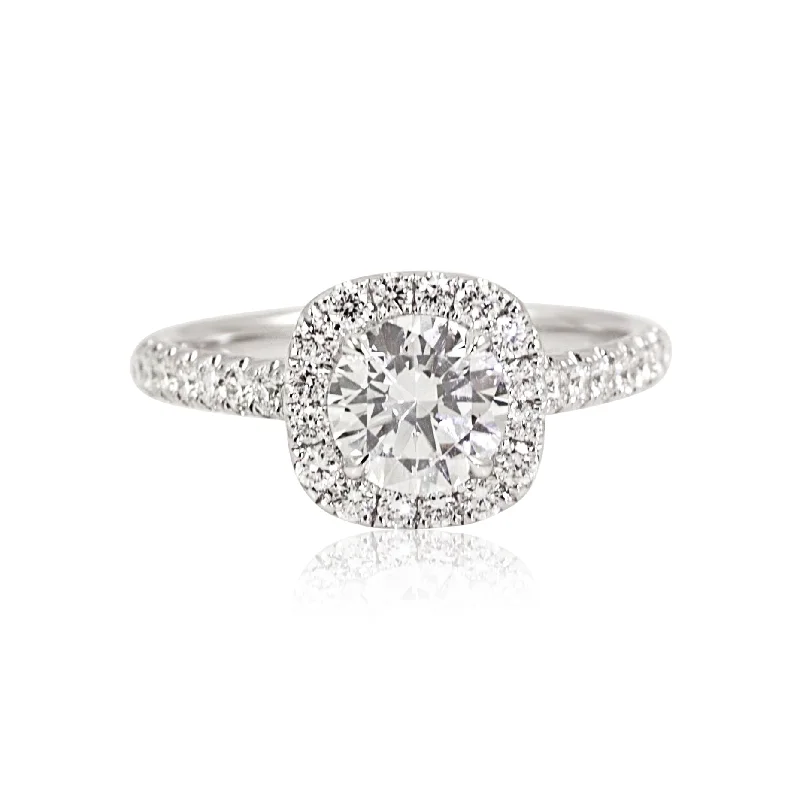 18K White Gold 4-Prong Diamond Halo Semi-Mount Engagement Ring with Accents 0.60ctw (Setting Only)