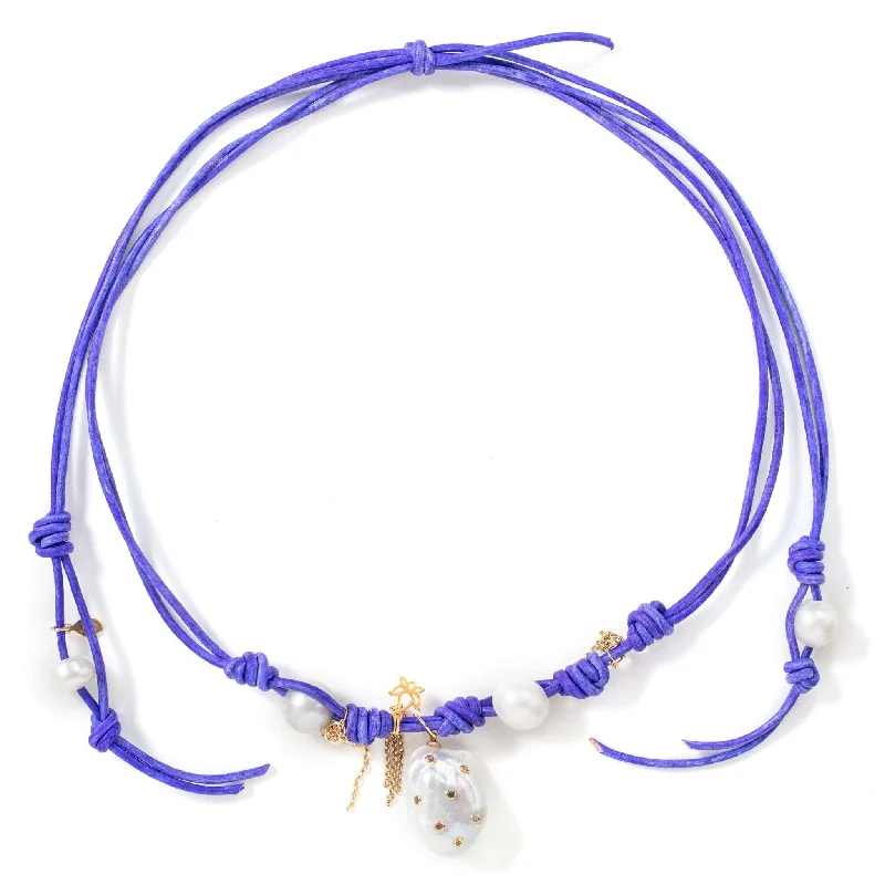 Purple Rainbow Dream Pearl, Gold Flower, Angel Wing Chain Leather Necklace