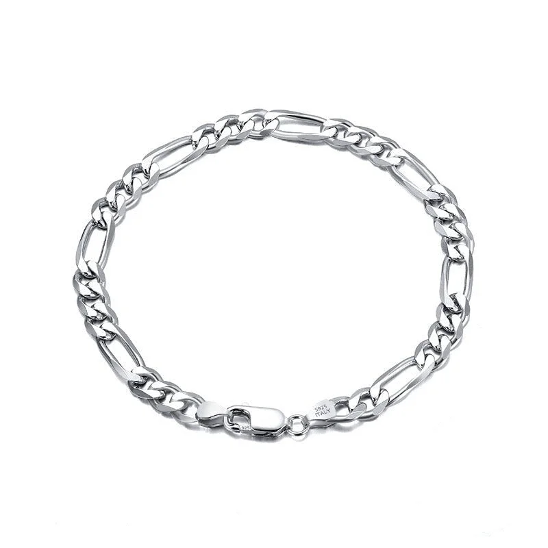 S925 Italy Silver Figaro Bracelet in White Gold - 5mm