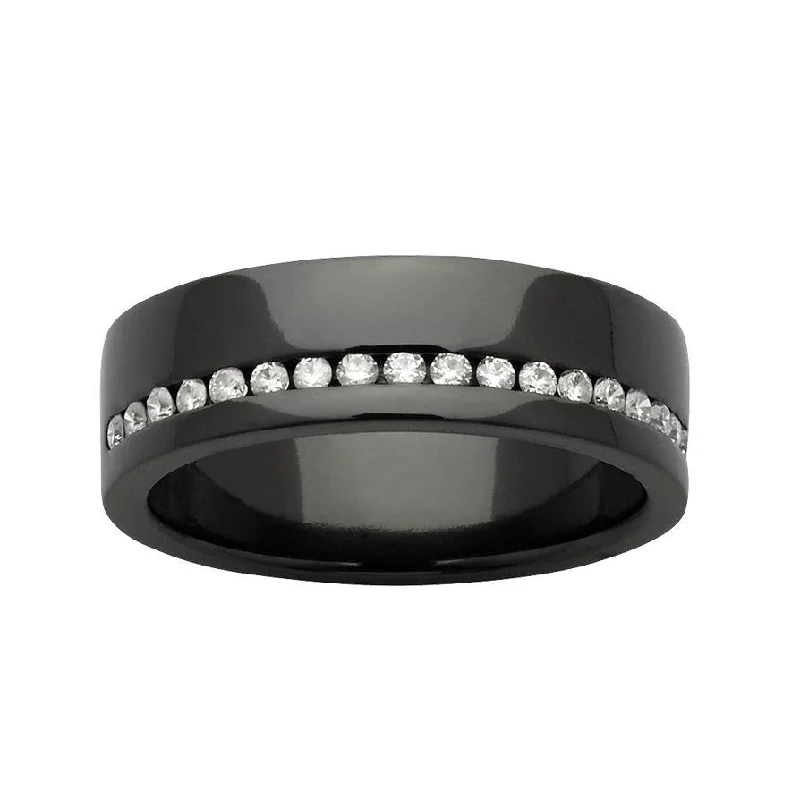 Custom Black Zirconium and Diamond Grooved Women's Wedding Band