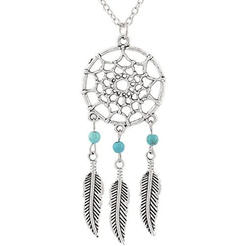 Vintage Necklace Link Cable Chain Silver Tone Dreamcatcher Feather Pendant 52.0cm(20 4/8") long