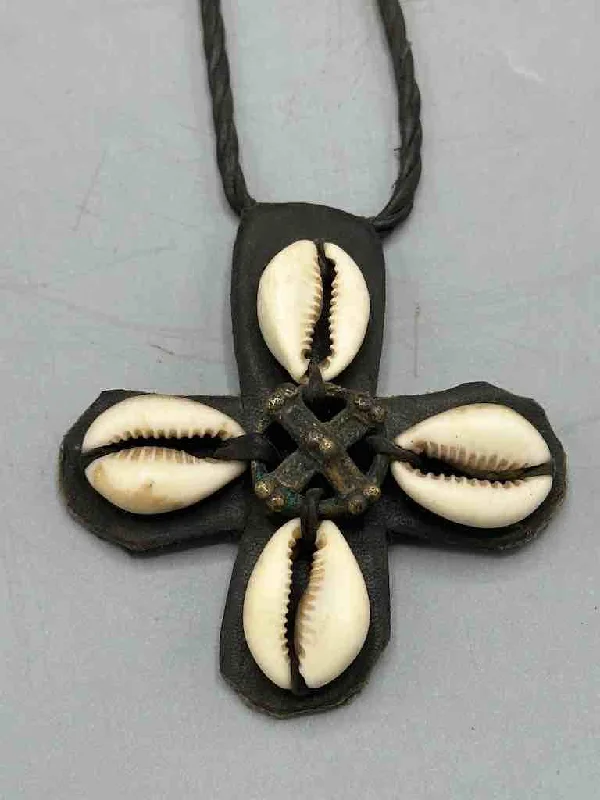 Leather & Cowrie Shell Brass Gold Weight Pendant Necklace - Mali