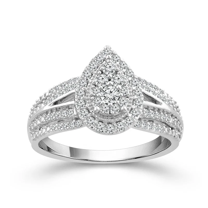 10k White Gold 0.50ctw Diamond Pear Halo Cluster Engagement Ring