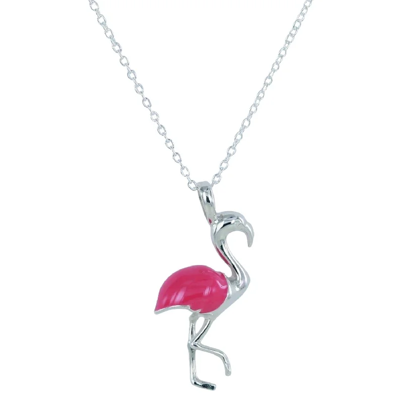 Sterling Silver Pink Enamel Flamingo Necklace