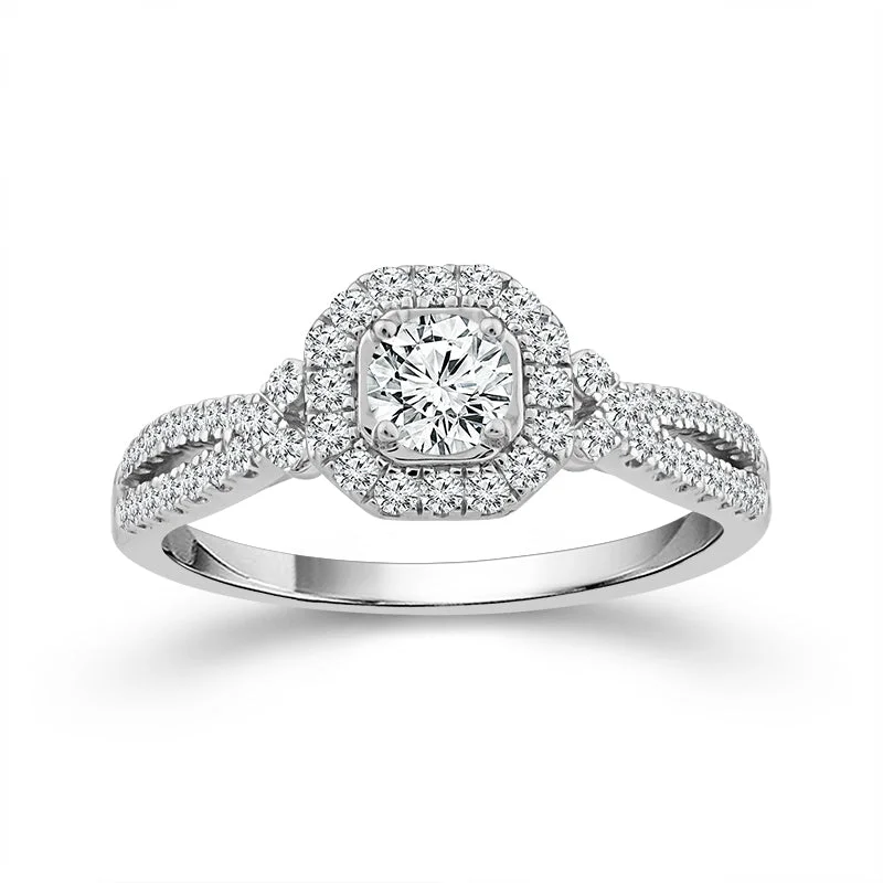 5/8 Ctw Round Diamond Halo Engagement Ring in 14 Karat White Gold