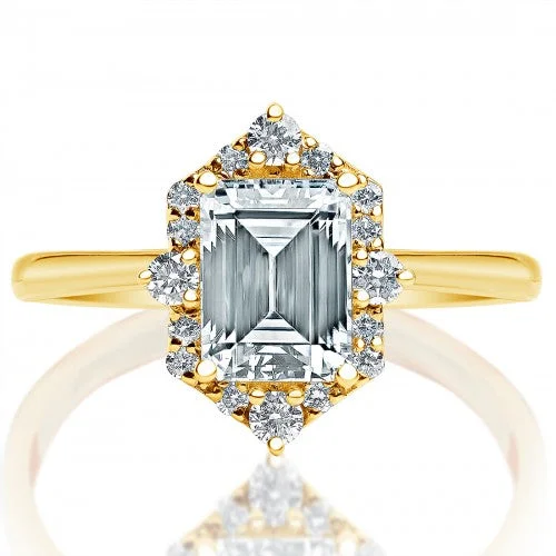 HENNE 14K YELLOW GOLD MARQUISE HALO WITH EMERALD CUT ENGAGEMENT RING (SETTING ONLY)