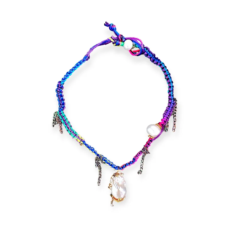 TROPICAL RAINBOW HEART PEARL AND CHAIN SILK ROCKSTAR CHOKER