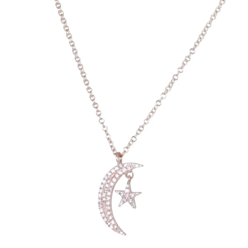 14K Solid Gold Diamond Moon and Star Necklace