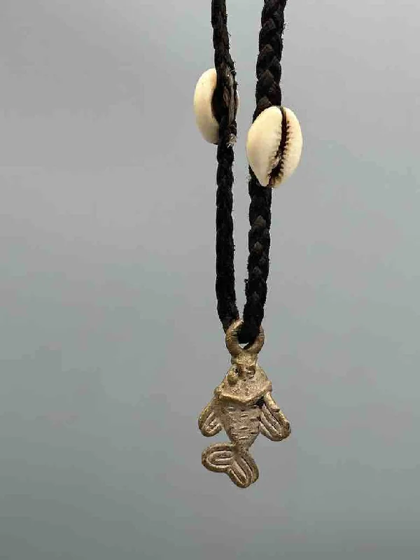 Leather & Cowrie Shell Brass Fish Pendant Necklace Choker - Mali