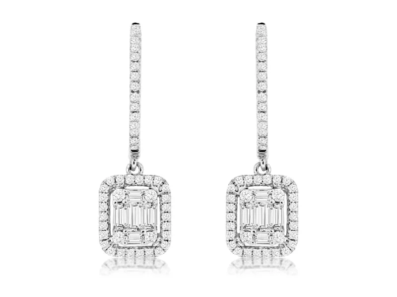 Round and Baguette Diamond Dangle Earrings