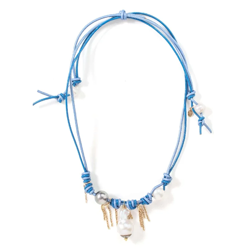 Blue Ocean Diamond Rockstar South Sea Pearl Gold Chain Leather Necklace